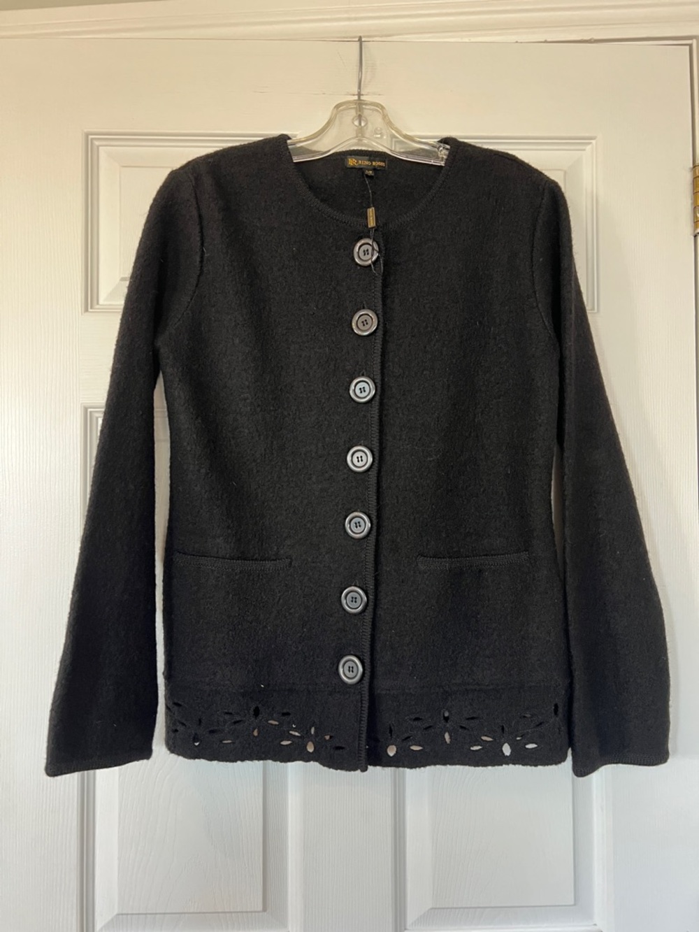 Rino Rossi Black Button-Front Cardigan with Laser-Cut Hem
